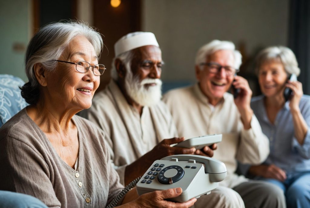 Four elders from different cultural backgrounds connecting by phone